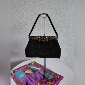 MC 1950s Ed B.Robinson Womens Black Handbeaded Pearl Sparkle Evening Handbag GBR